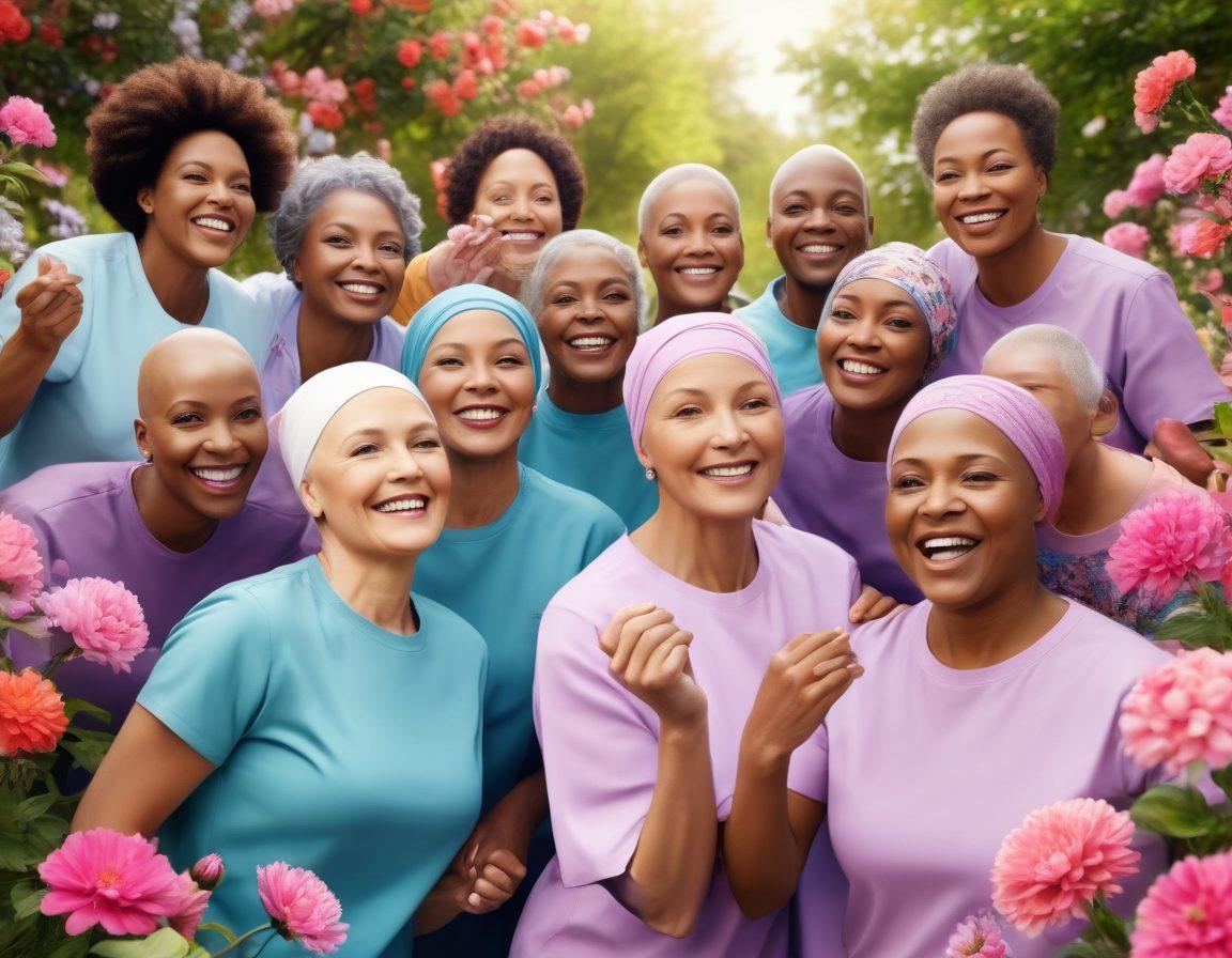 A diverse group of cancer survivors celebrating together, surrounded by blooming flowers symbolizing hope and resilience. Include modern medical innovations like advanced treatment equipment and supportive advocacy materials visibly represented in the background. Vibrant colors and uplifting energy promote a sense of community and empowerment. super-realistic. vibrant colors.