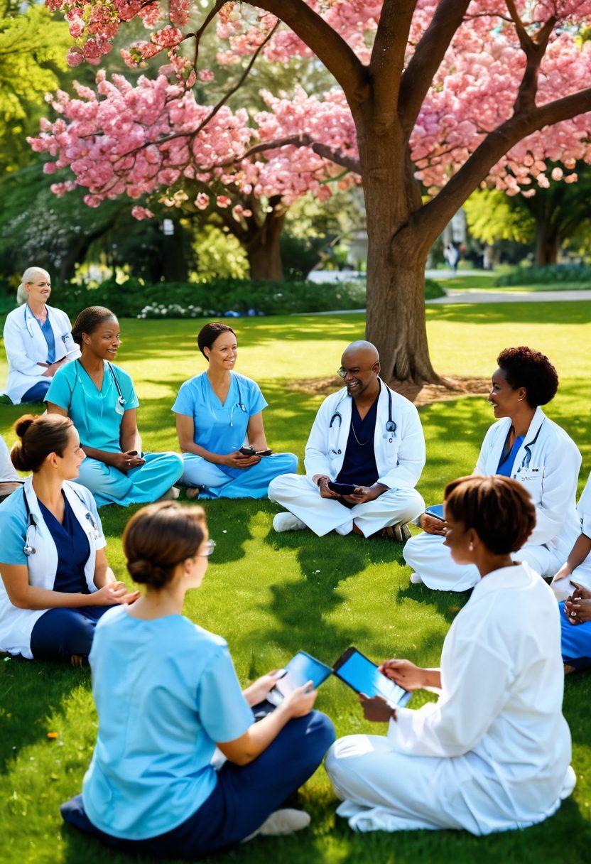 A serene scene depicting a diverse group of healthcare professionals engaging with cancer patients in a bright, sunny park. The professionals are using tech tools like tablets and VR to provide holistic support, while the patients are smiling and participating in activities such as meditation and art therapy. Surrounding them, vibrant flowers and trees symbolize growth and hope. super-realistic. vibrant colors. 3D.