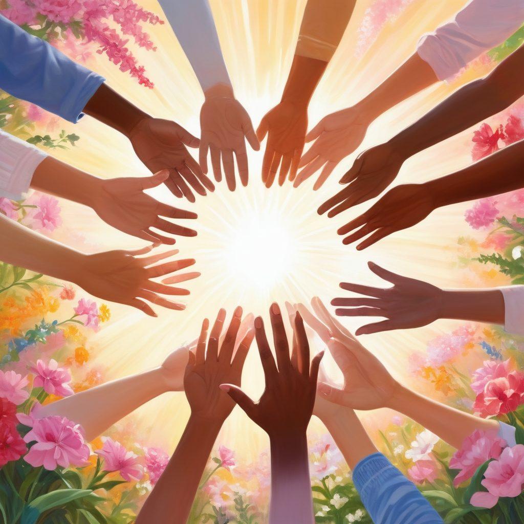 A serene landscape depicting a group of diverse cancer survivors united in a vibrant circle, hands joined in solidarity, with blooming flowers symbolizing hope and transformation surrounding them. The backdrop features a sunrise, representing new beginnings, with subtle rays of light shining down. The atmosphere should convey warmth, strength, and community. soft focus. warm colors. painting.